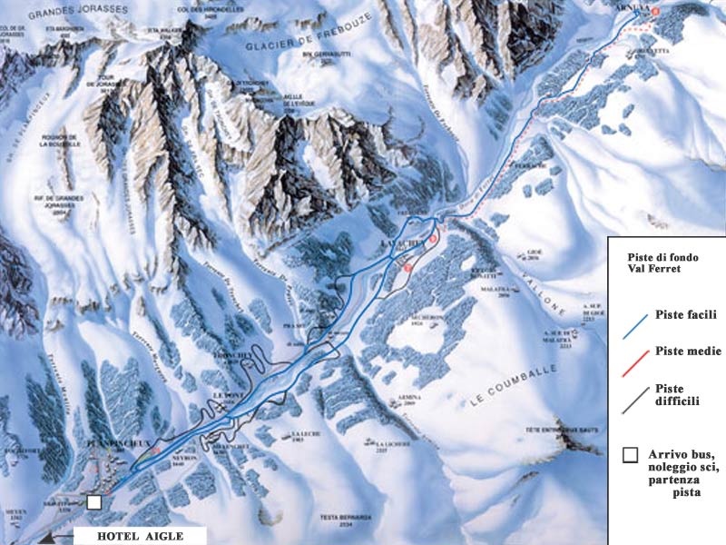 Mappa delle piste da fondo in Val Ferret.